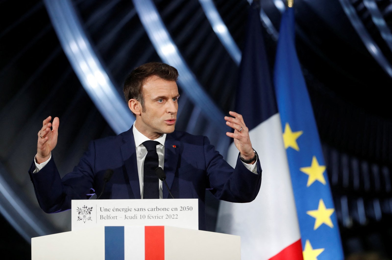 French President Emmanuel Macron delivers a speech at the main production site of GE Steam Power System, where he unveiled plans to build new nuclear reactors in the country as part of its energy strategy to reduce planet-warming emissions, in Belfort, France, Feb. 10, 2022. (Reuters Photo)