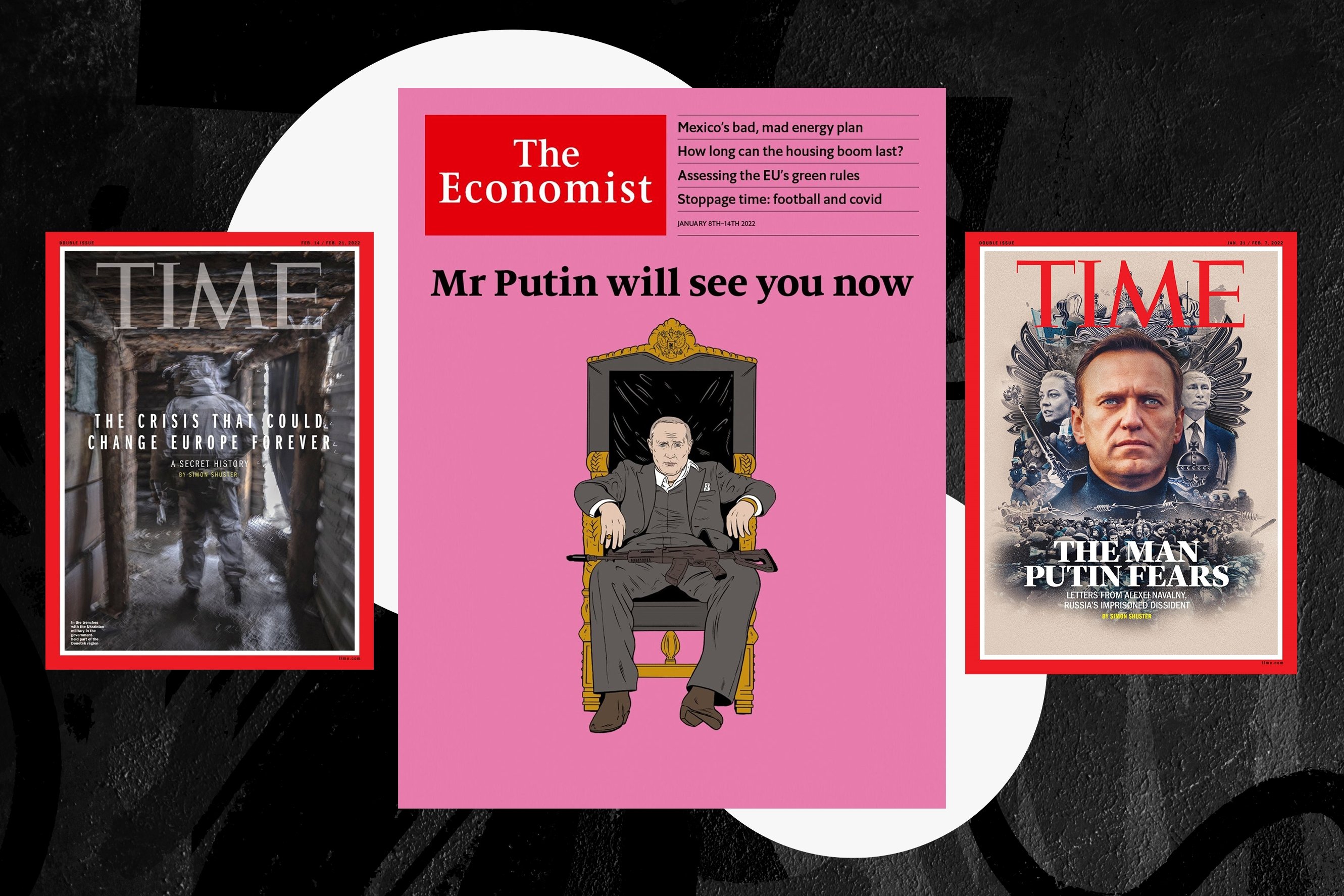 From left to right, the covers of Time's Feb. 14-21 edition, The Economist’s Jan. 8-14 edition and Time's Jan. 31-Feb. 7 edition. (Edited by Büşra Öztürk)