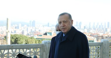 President Recep Tayyip Erdoğan speaks to reporters, in Istanbul, Turkey, Feb. 11, 2022. (İHA PHOTO) 