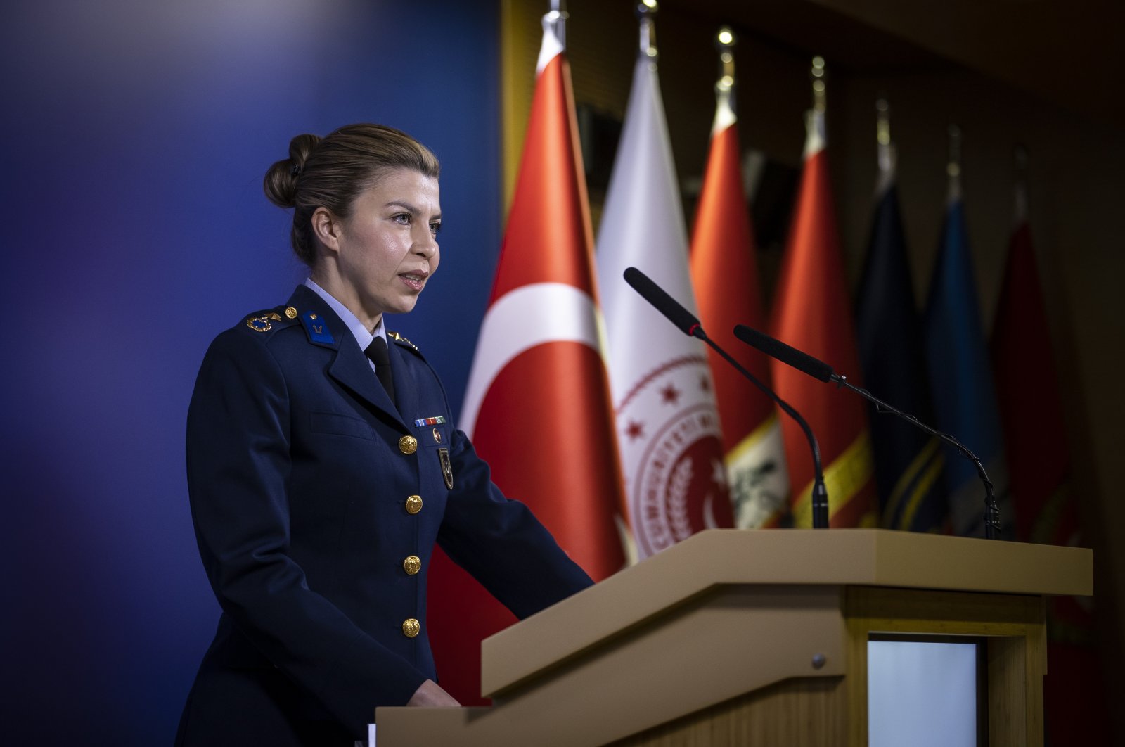 Defense Ministry spokesperson Maj. Pınar Kara speaks during a briefing in Ankara, Turkey, Feb. 10, 2022. (AA Photo)