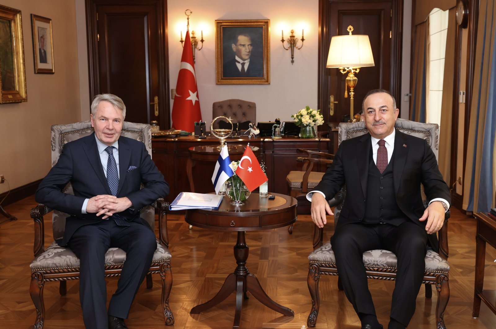 Foreign Minister Mevlüt Çavuşoğlu (R) and Finland&#039;s Foreign Minister Pekka Haavisto pose for a photo during their meeting in the capital Ankara, Turkey, Feb. 8, 2022. (EPA Photo)