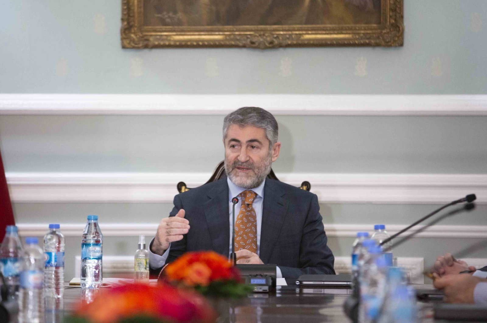 Treasury and Finance Minister Nureddin Nebati during a meeting with press members after talks with investors and executives in London, United Kingdom, Feb. 8, 2022. (AA Photo)