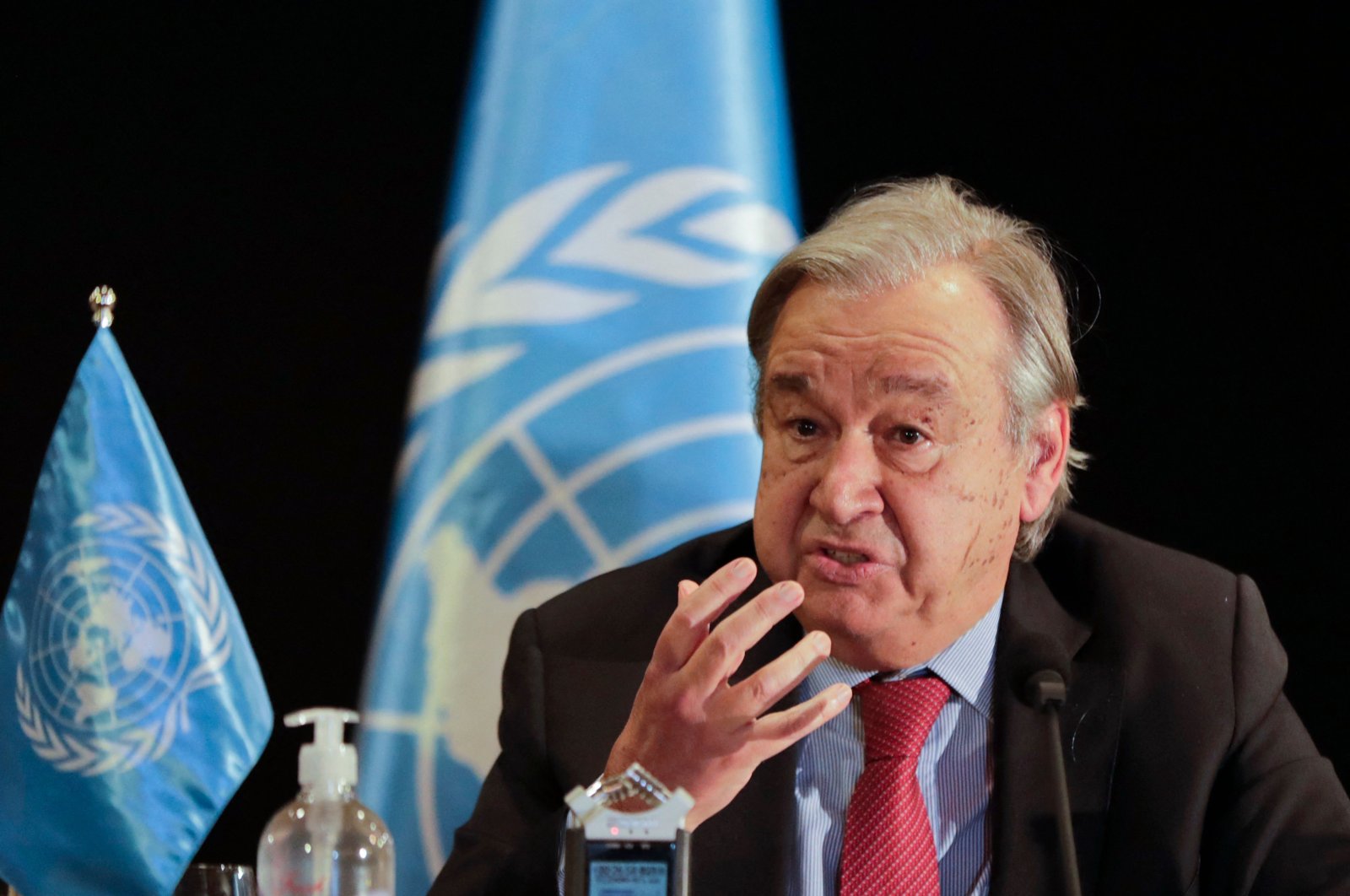 UN Secretary-General Antonio Guterres attends a press conference at the end of his visit to Lebanon, in the capital Beirut, Dec. 21, 2021. (AFP File Photo)