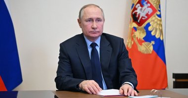 Russian President Vladimir Putin chairs a Security Council meeting via videoconference at the Novo-Ogaryovo residence outside Moscow, Russia, Feb. 11, 2022. (AP Photo)