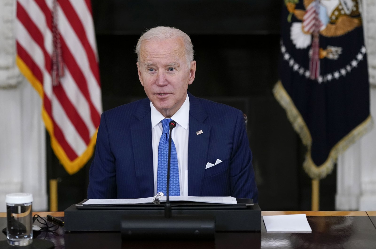 President Joe Biden speaks in the State Dining Room of the White House, Washington, U.S., Feb. 9, 2022. (AP Photo)