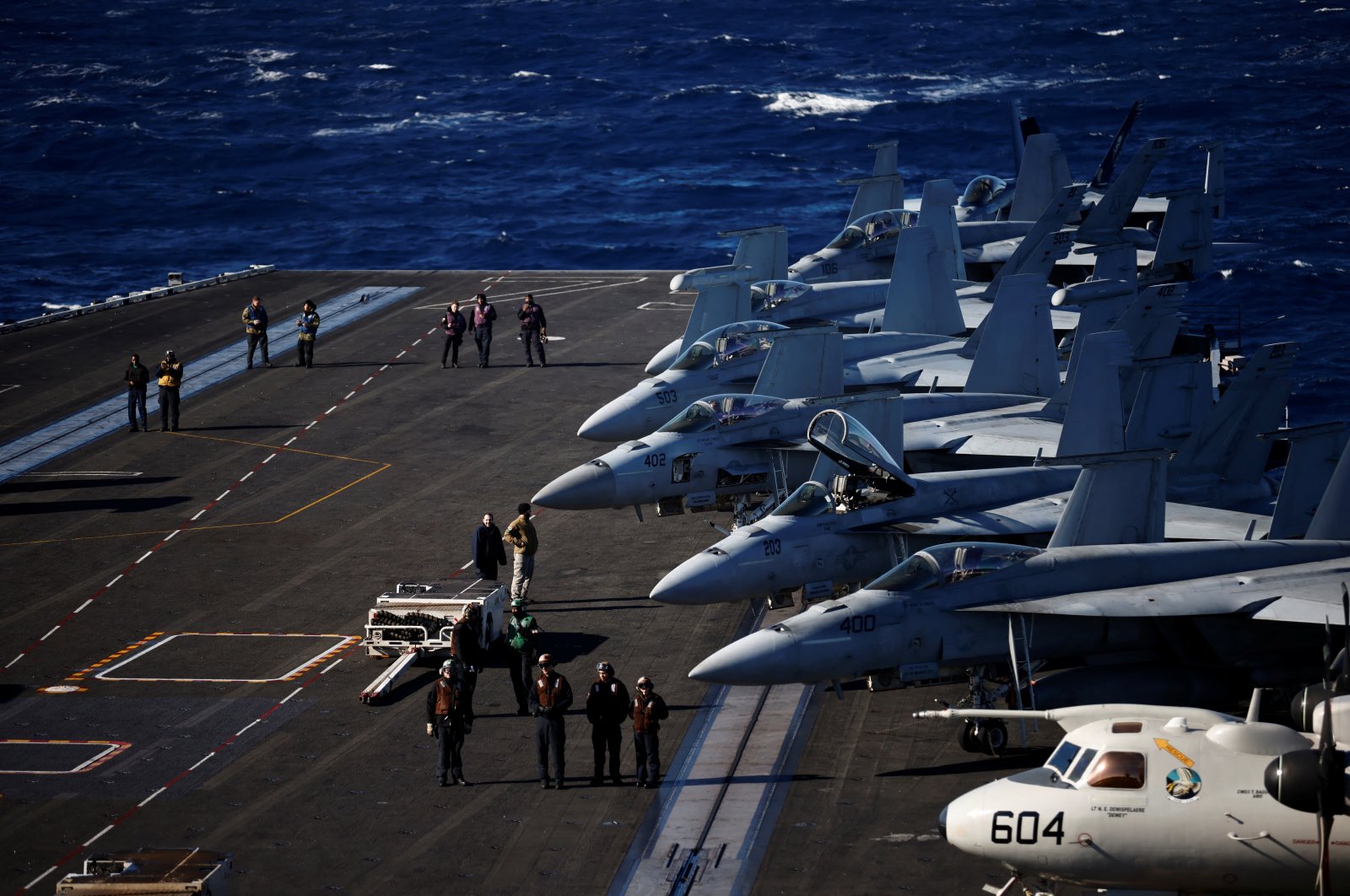 U.S. Navy sailors operate onboard aircraft carrier USS Harry S. Truman, in the Adriatic Sea, Feb. 2, 2022. (Reuters Photo)