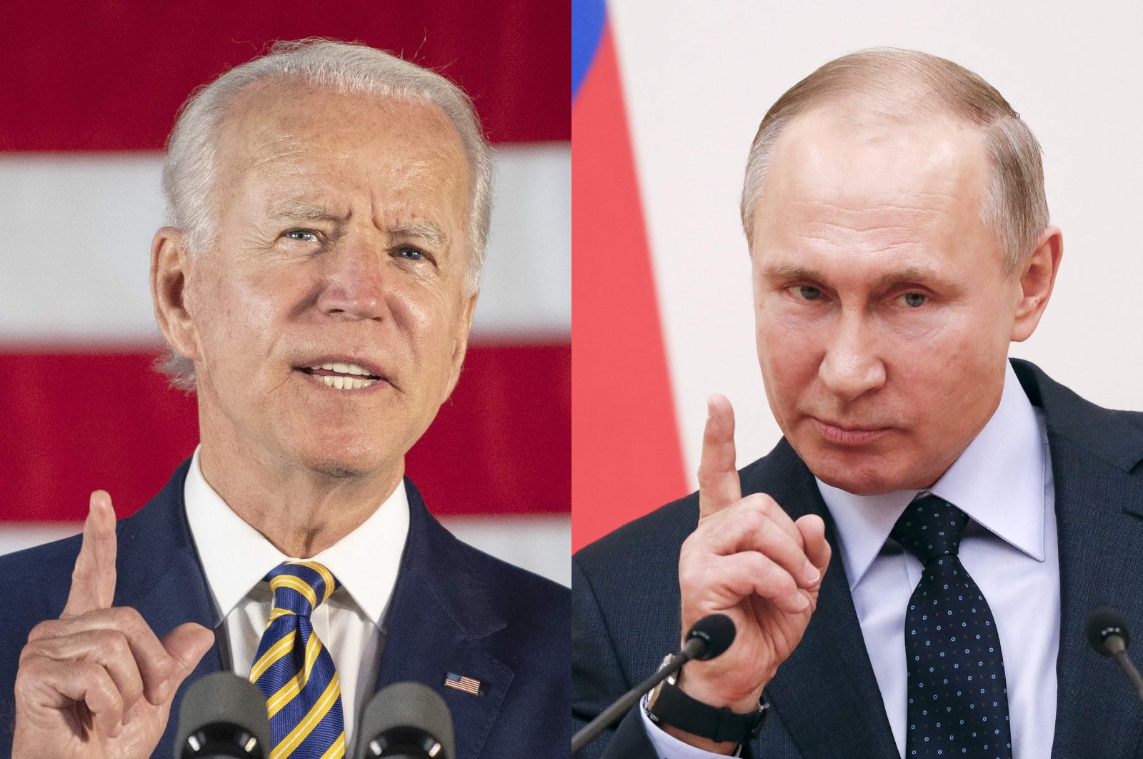 Then Democratic presidential candidate Joe Biden (L) speaks in Darby, Pennsylvania, U.S., June 17, 2020, and Russian President Vladimir Putin speaks during a meeting with Russian athletes outside Moscow, Russia, Jan. 31, 2018. (AFP Photo)