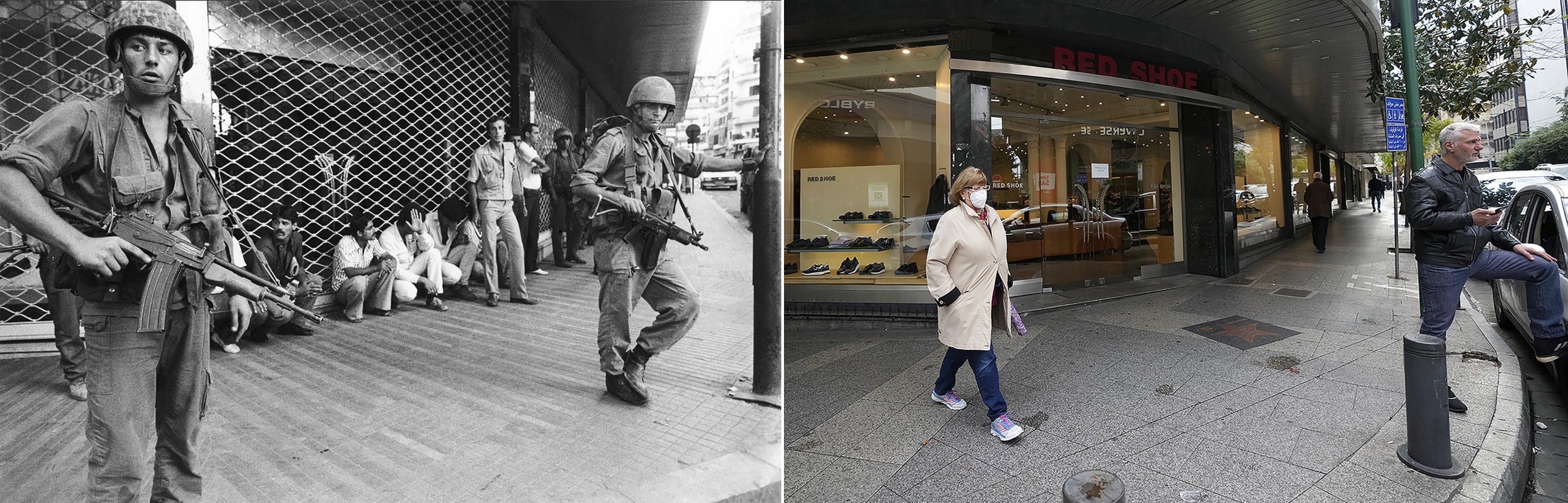 A combo picture shows at left, Israeli soldiers following a shooting incident in Hamra, the main shopping thoroughfare in West Beirut, on Sept. 24, 1982, when at least one Israeli soldier was badly injured, his colleagues commenced a round-up of suspects and made them sit on a sidewalk, until they were closely questioned and produced proper identification. They were all later released. At the right, a woman passes on the same corner at Hamra street, in Beirut, Lebanon, Jan. 14, 2022. (AP Photo)