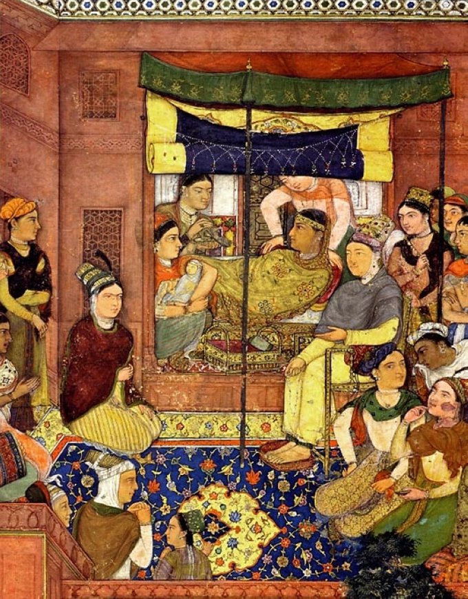 A miniature shows the birth of Jahangir, son of Akbar I. (Wikimedia)