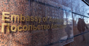 A sign is on display outside a building housing the Embassy of Australia in Kyiv, Ukraine, Feb. 13, 2022. (Reuters Photo)