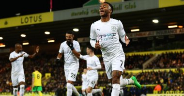Manchester City's Raheem Sterling (C) celebrates after scoring in a Premier League match against Norwich City, Norwich, England, Feb. 12, 2022. (AFP Photo)