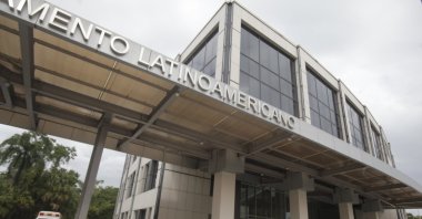 Police officers guard outside the Parlatino headquarters in Panama City, Panama, Jan. 27, 2022. (EPA Photo)