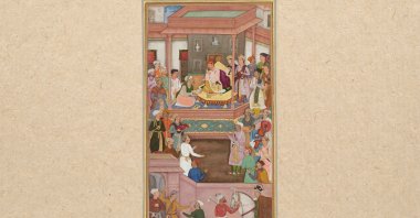 A Mughal miniature shows Abu&#039;l-Fazl ibn Mubarak presenting "Akbarnama" to Akbar I. (Wikimedia)