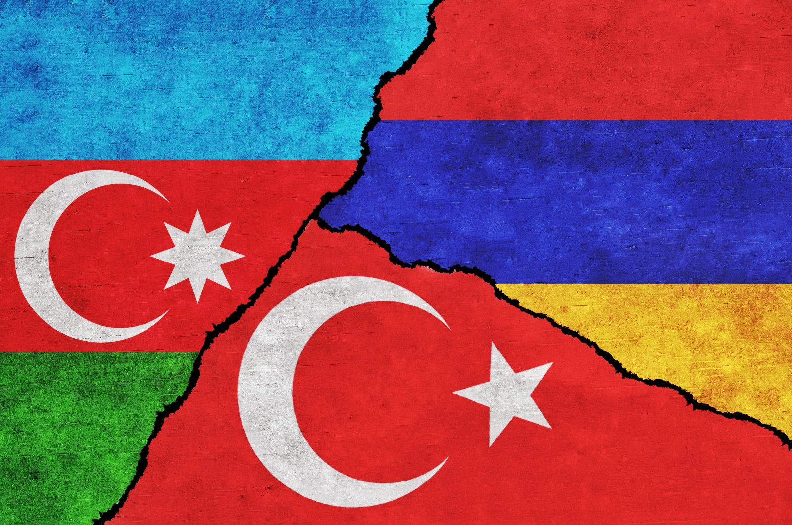 (L-R) The flags of Azerbaijan, Turkey and Armenia. (Illustration by Shutterstock)