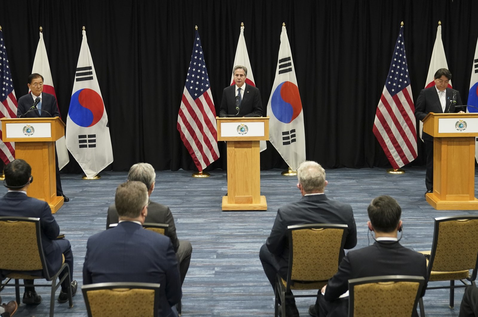 U.S. Secretary of State Antony Blinken speaks during a joint press availability with South Korean Foreign Minister Chung Eui-yong and Japanese Foreign Minister Yoshimasa Hayashi following their meeting in Honolulu, Saturday, Feb. 12, 2022. (Kevin Lamarque / Pool Photo via AP)