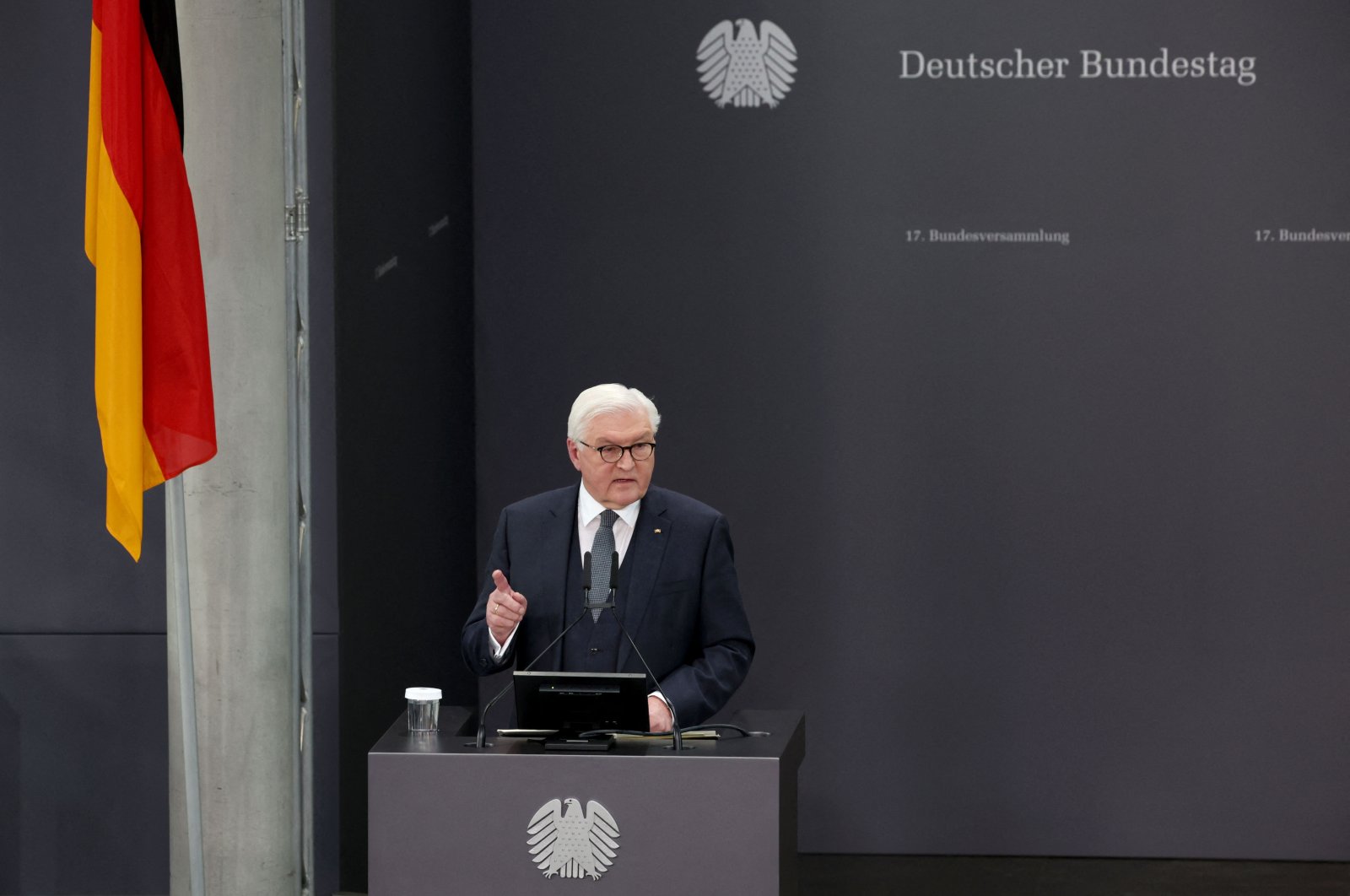 German President Frank-Walter Steinmeier speaks after being re-elected German President during the assembly of the Federal Convention on Feb. 13, 2022 at the Paul-Loebe-Haus parliamentary building in Berlin, Germany. (AFP Photo)