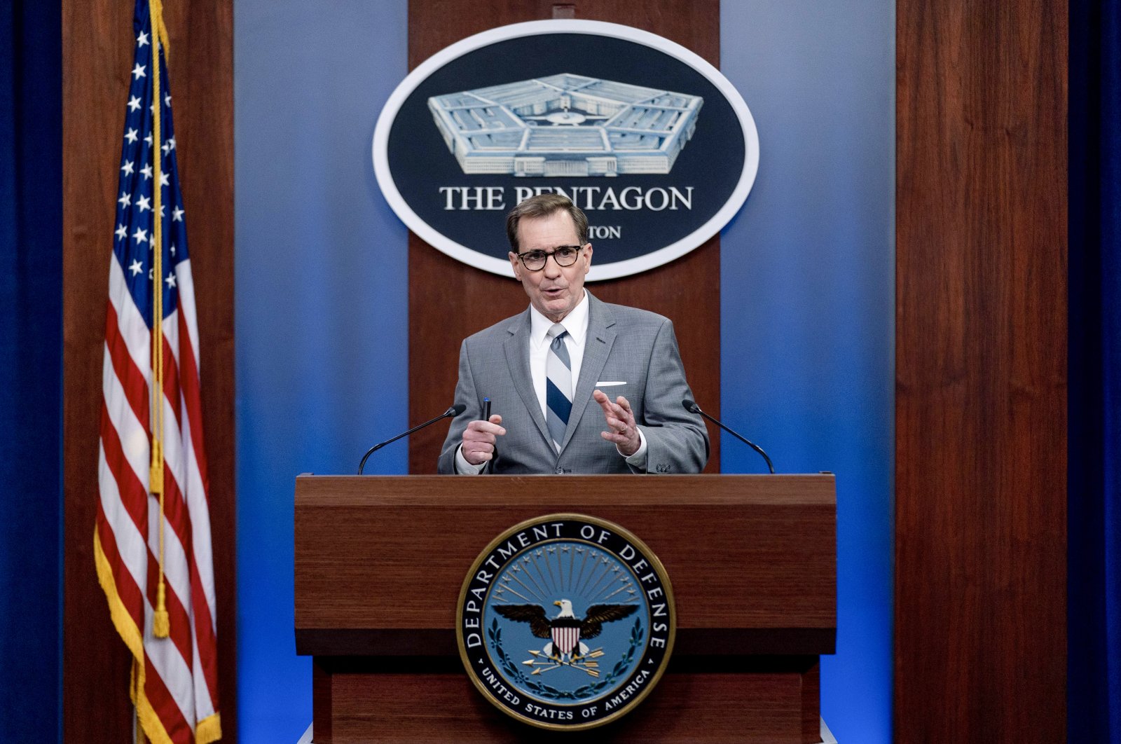 Pentagon spokesperson John Kirby speaks during a briefing at the Pentagon in Washington, U.S., Feb. 9, 2022. (AP Photo)