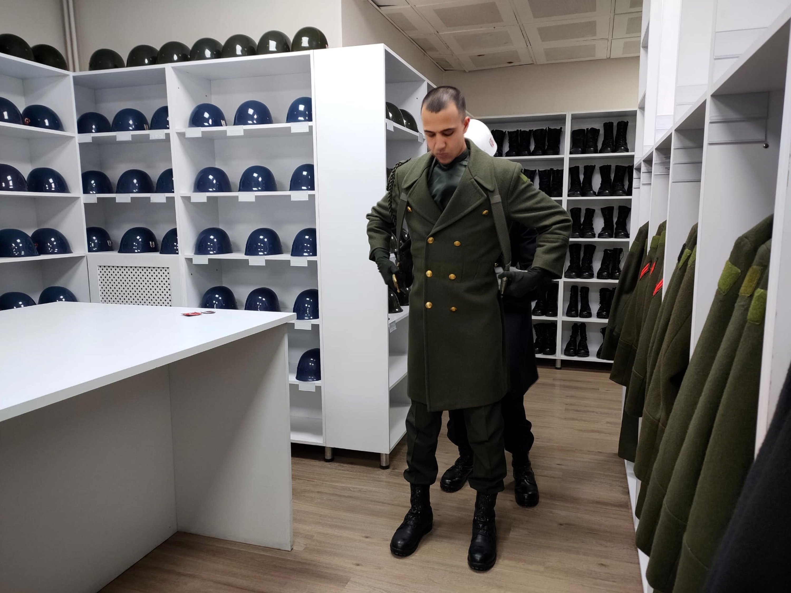 One of the guards at Anıtkabir is seen wearing his uniform in the changing room, in the capital Ankara, Turkey, Feb. 7, 2022. (DHA Photo)