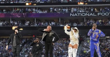 Eminem (from L) performs with Kendrick Lamar, Dr. Dre, Mary J. Blige and Snoop Dogg during halftime of the NFL Super Bowl 56 football game between the Los Angeles Rams and the Cincinnati Bengals, Feb. 13, 2022, Inglewood, California, U.S. (AP Photo)