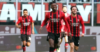 AC Milan's Rafael Leao (C) celebrates scoring a goal in a Serie A match against Sampdoria, Milan, Italy, Feb. 13, 2022. (EPA Photo)