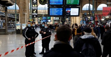 French police secure the scene after French police killed a person who attacked them with a knife at Gare du Nord station in Paris, France, Feb. 14, 2022. (Reuters Photo)