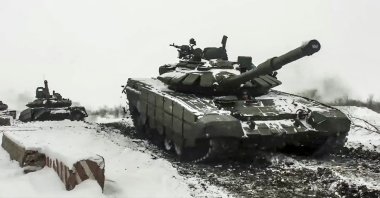 A Russian tank during a military exercise at a training ground in the Rostov region, Russia, Jan. 26, 2022. (AP Photo)