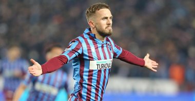 Trabzonspor's Edin Visca celebrates after scoring a goal in a Süper Lig match against Konyaspor, Trabzon, Turkey, Feb. 13, 2022. (AA Photo)