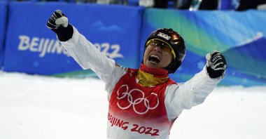 China&#039;s Xu Mengtao reacts during 2022 Winter Olympics women&#039;s aerials finals, Zhangjiakou, China, Feb. 14, 2022. (AP Photo)