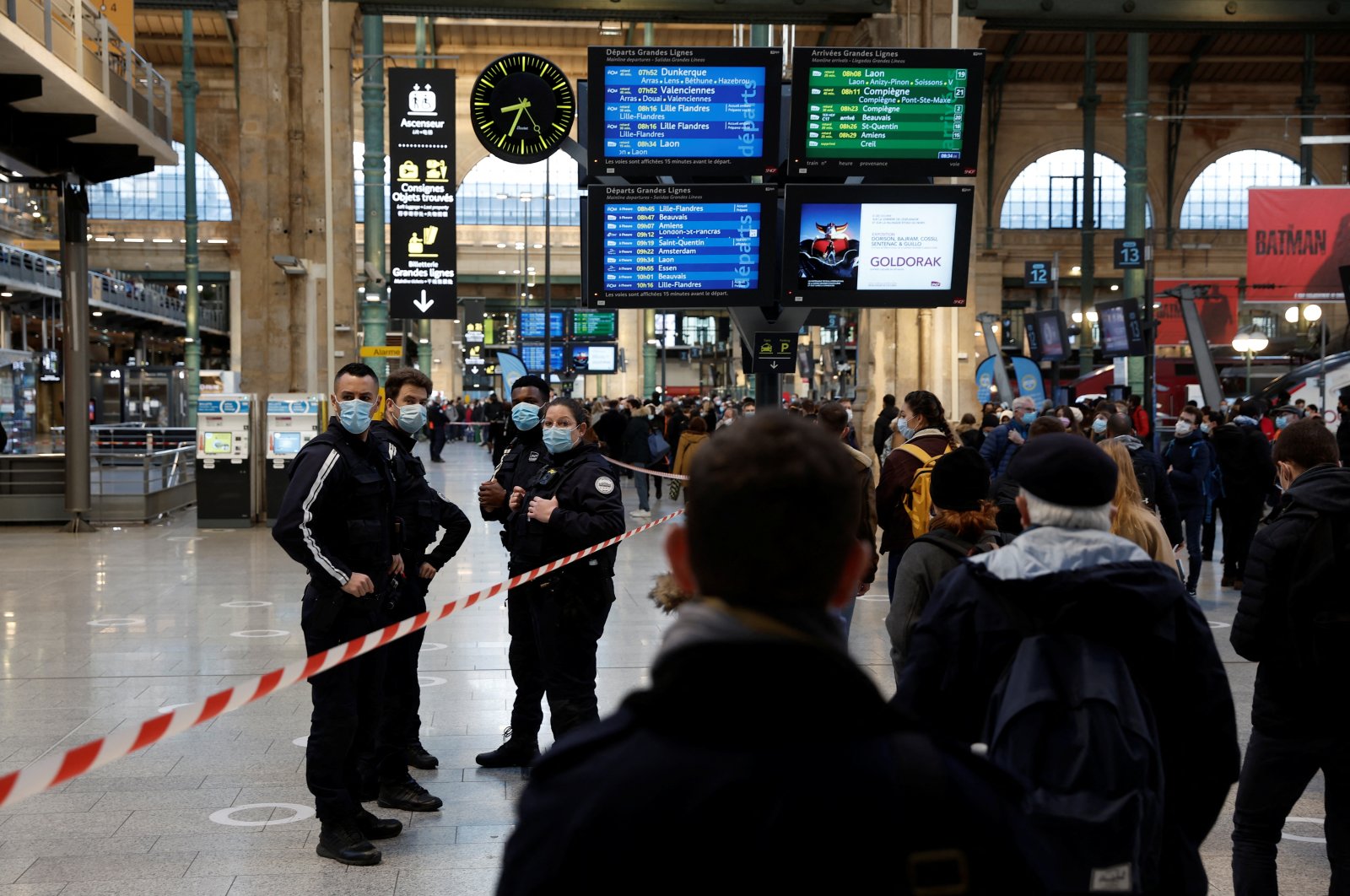 French police secure the scene after French police killed a person who attacked them with a knife at Gare du Nord station in Paris, France, Feb. 14, 2022. (Reuters Photo)
