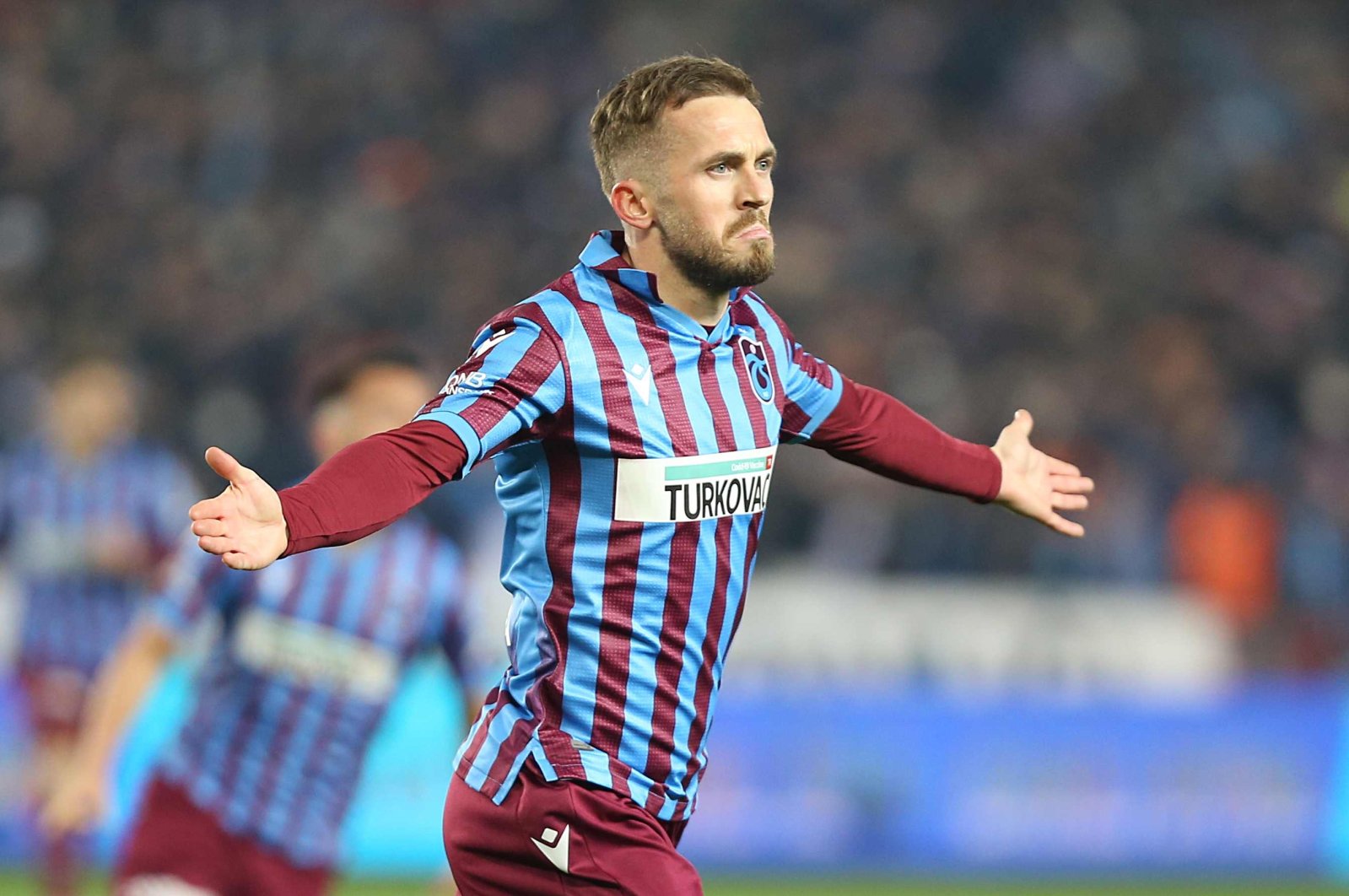 Trabzonspor&#039;s Edin Visca celebrates after scoring a goal in a Süper Lig match against Konyaspor, Trabzon, Turkey, Feb. 13, 2022. (AA Photo)