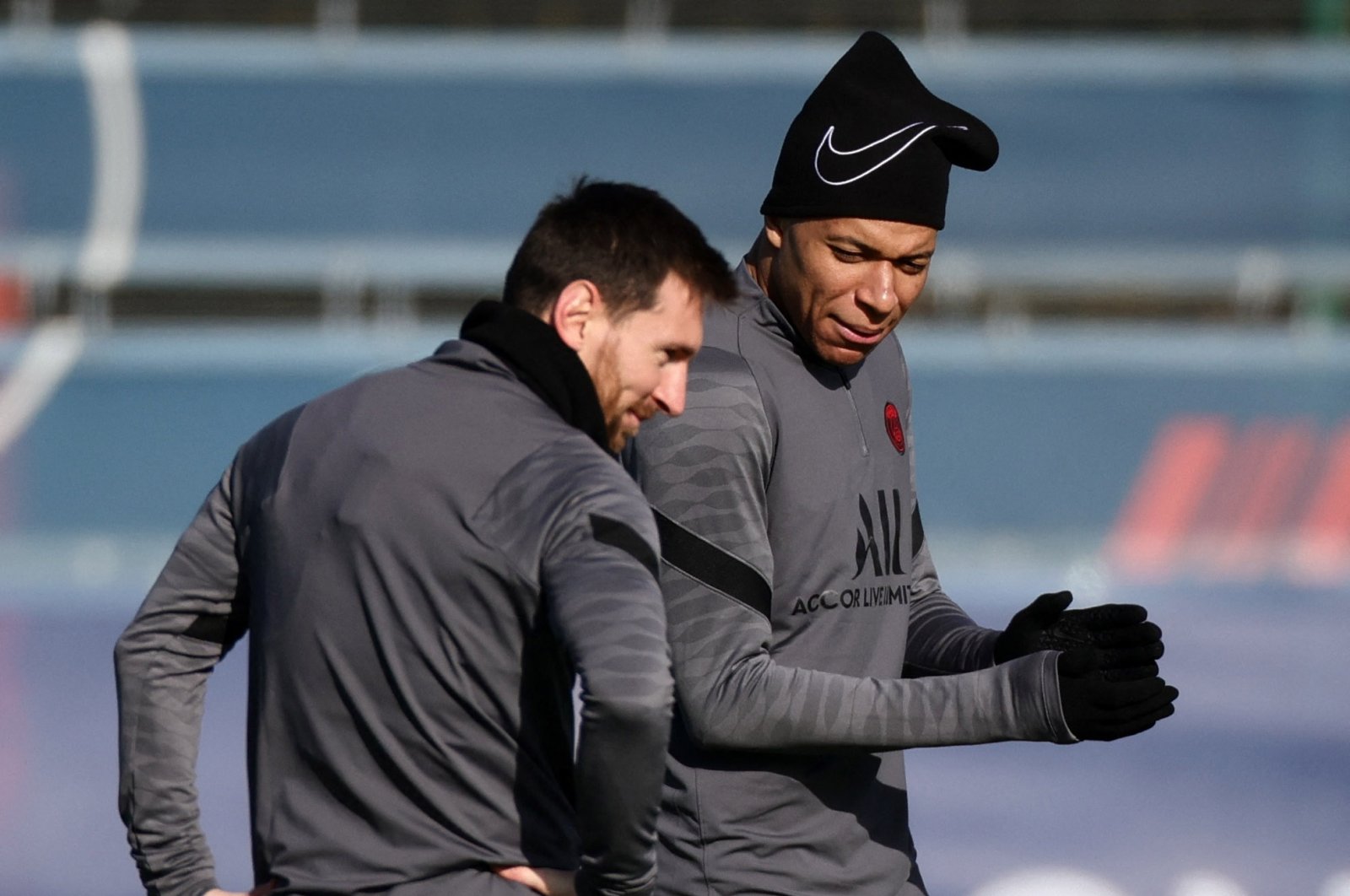 Paris Saint-Germain&#039;s Lionel Messi and Kylian Mbappe during training, Saint-Germain-en-Laye, France, Feb. 14, 2022. (Reuters Photo)