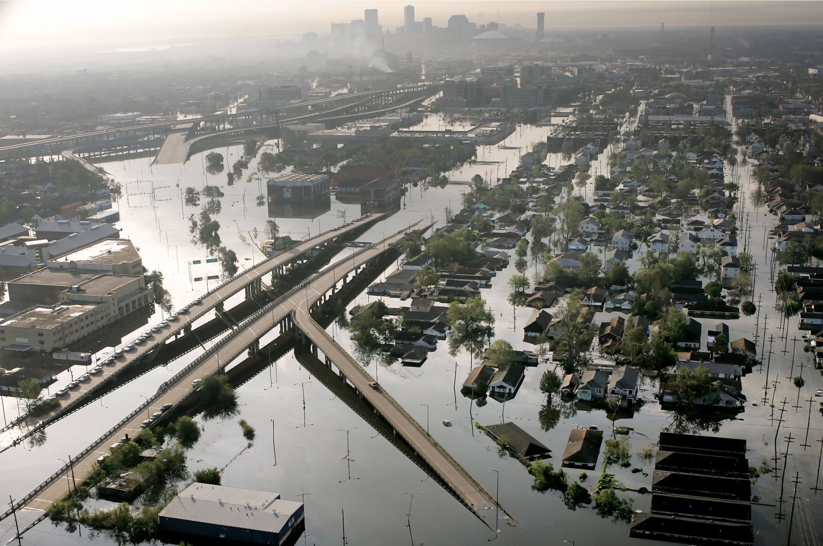 Floodwaters from Hurricane Katrina fill the streets near downtown New Orleans, Louisiana, U.S., Aug. 30, 2005. (AP Photo)