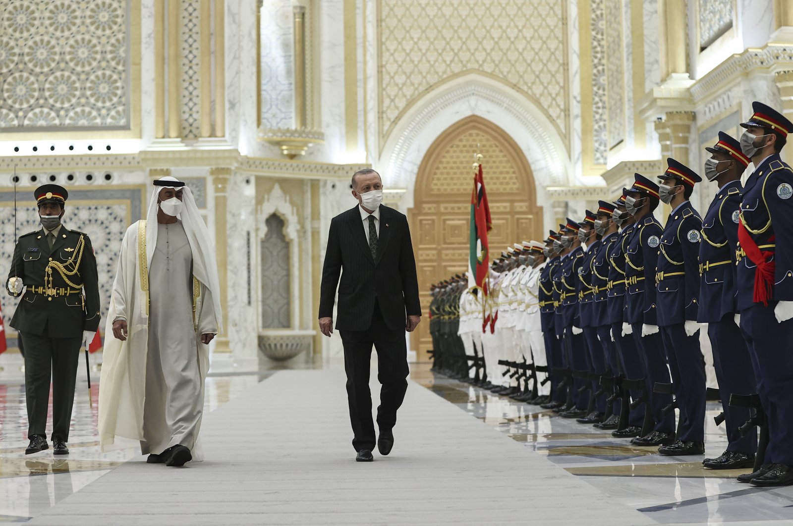Crown Prince Sheikh Mohammed bin Zayed Al Nahyan welcomes President Recep Tayyip Erdoğan in official ceremony in Abu Dhabi, United Arab Emirates, Feb.14, 2022 (AA Photo)