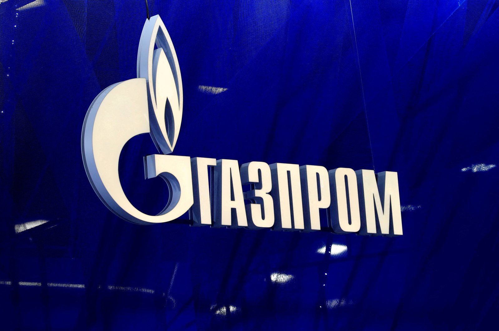 The Gazprom logo is seen at the St. Petersburg International Economic Forum (SPIEF) in St. Petersburg, Russia, June 2, 2021. (Evgenia Novozhenina/Reuters File Photo)