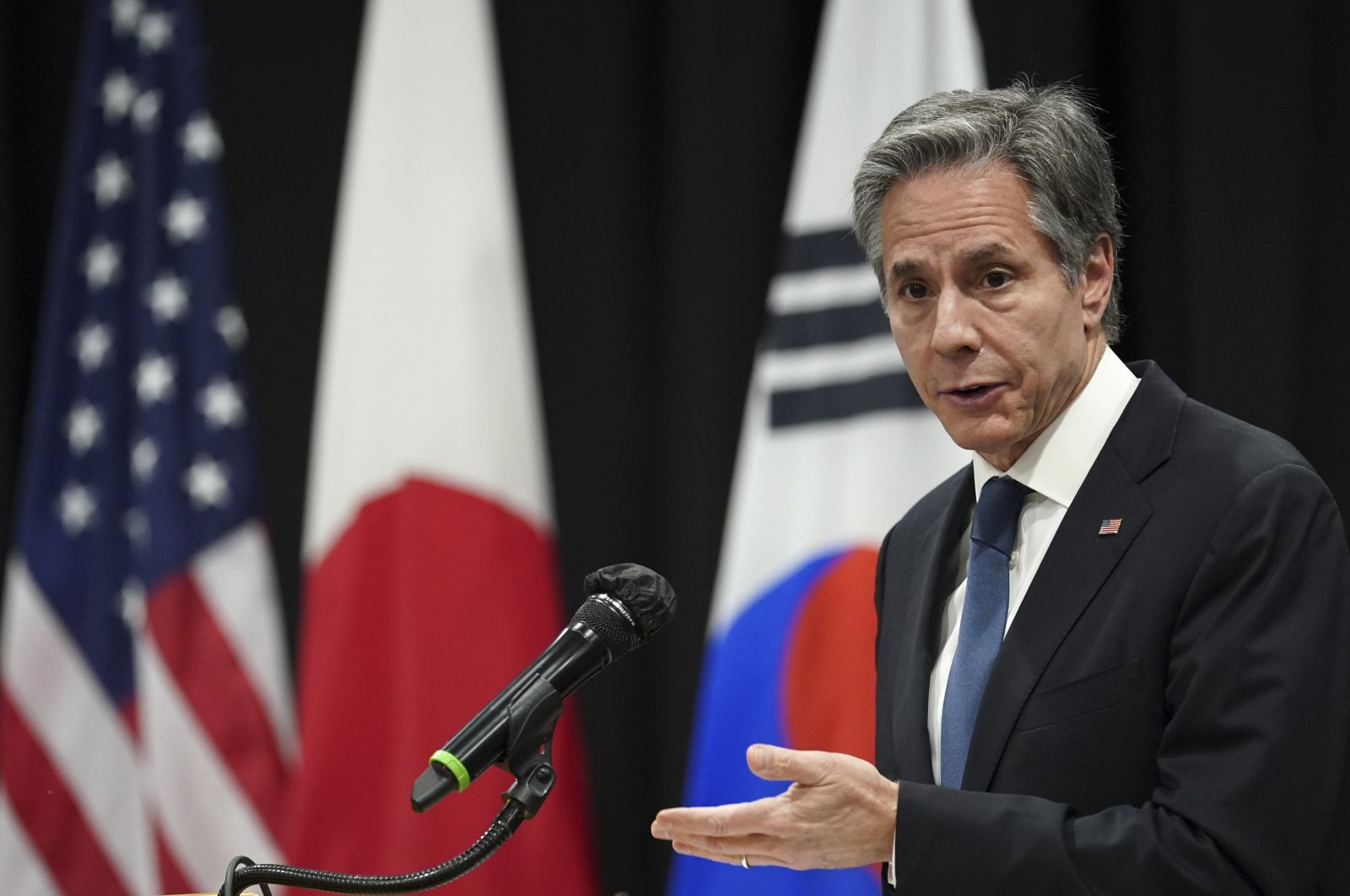 U.S. Secretary of State Antony Blinken speaks during a joint press availability with South Korean Foreign Minister Chung Eui-yong and Japanese Foreign Minister Yoshimasa Hayashi following their meeting in Honolulu, Hawaii, U.S., Feb. 12, 2022. (Kevin Lamarque/Pool Photo via AP)