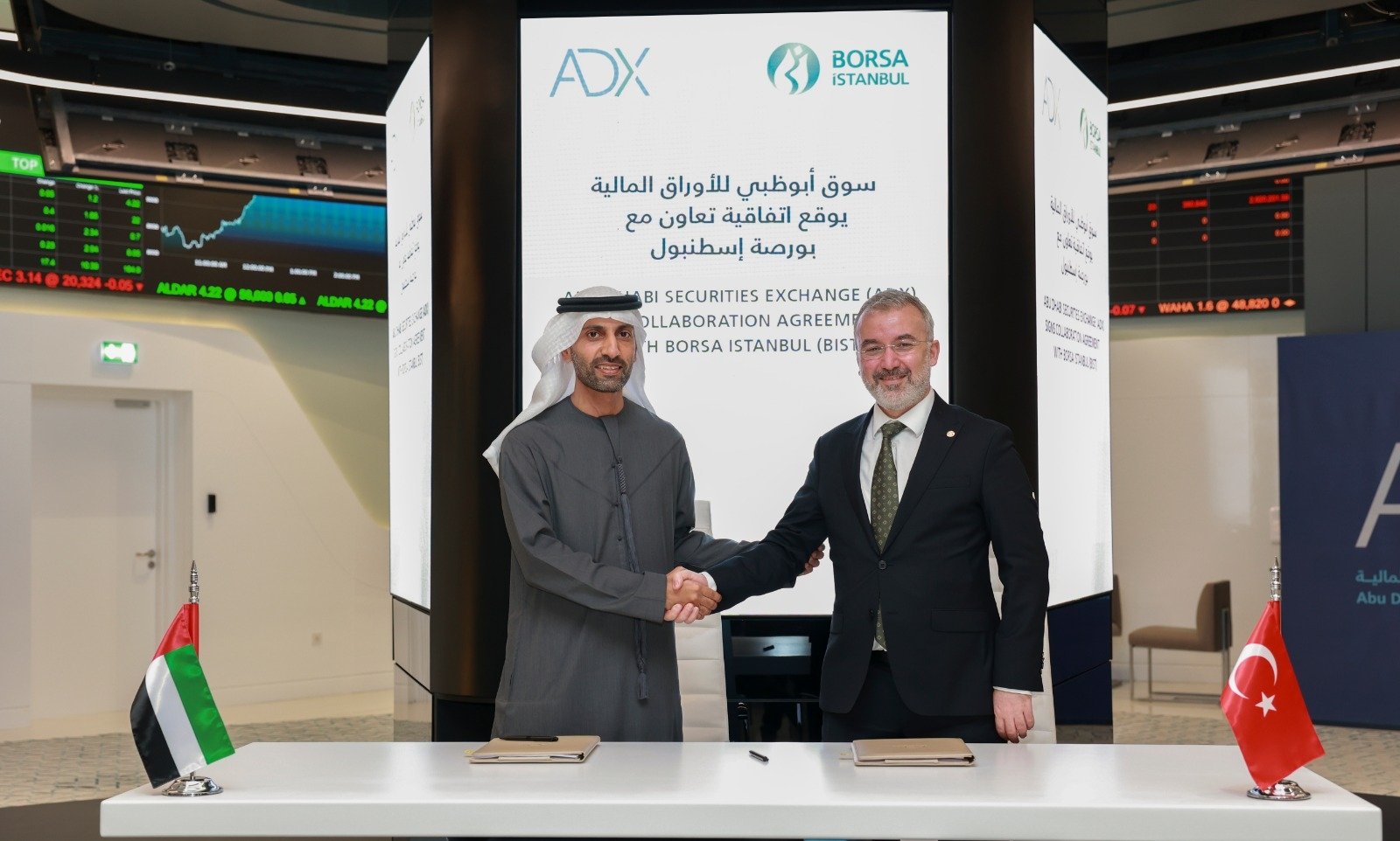 Borsa Istanbul General Manager Korkmaz Ergün (R) Abu Dhabi Securities Exchange General Manager and CEO Saeed al-Dhaheri during the signing ceremony of the agreement, Abu Dhabi, UAE, Feb. 15, 2022. (AA Photo)