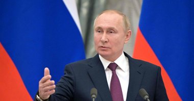 Russian President Vladimir Putin speaks during a joint press conference with the German Chancellor following their meeting over Ukraine security at the Kremlin, in Moscow, on Feb. 15, 2022. (AFP Photo)