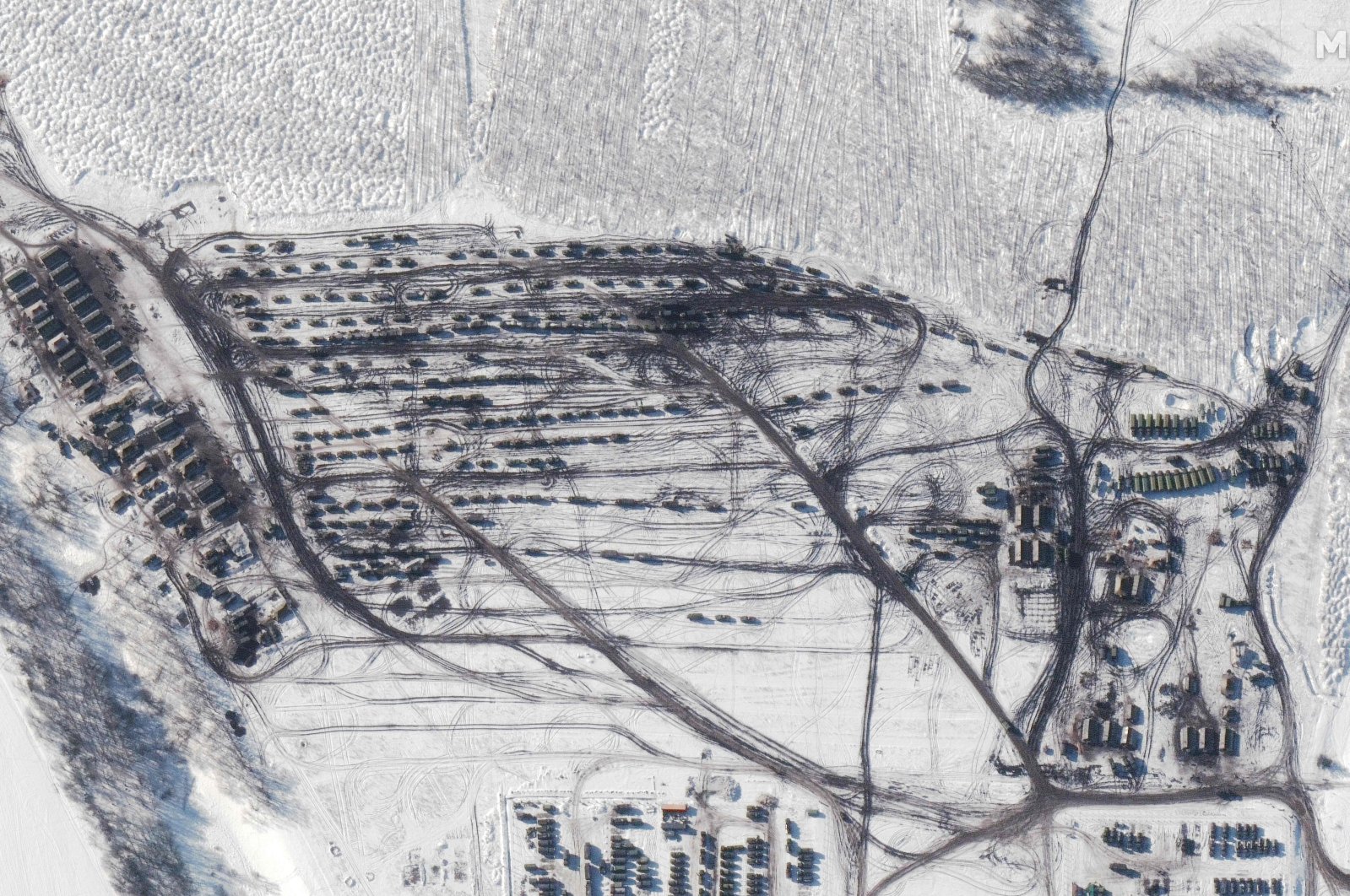 This satellite image released by Maxar Technologies shows a closer view of a battle group in formation in Soloti, Russia, Feb. 13, 2022. (Satellite image/2022 Maxar Technologies via AFP)