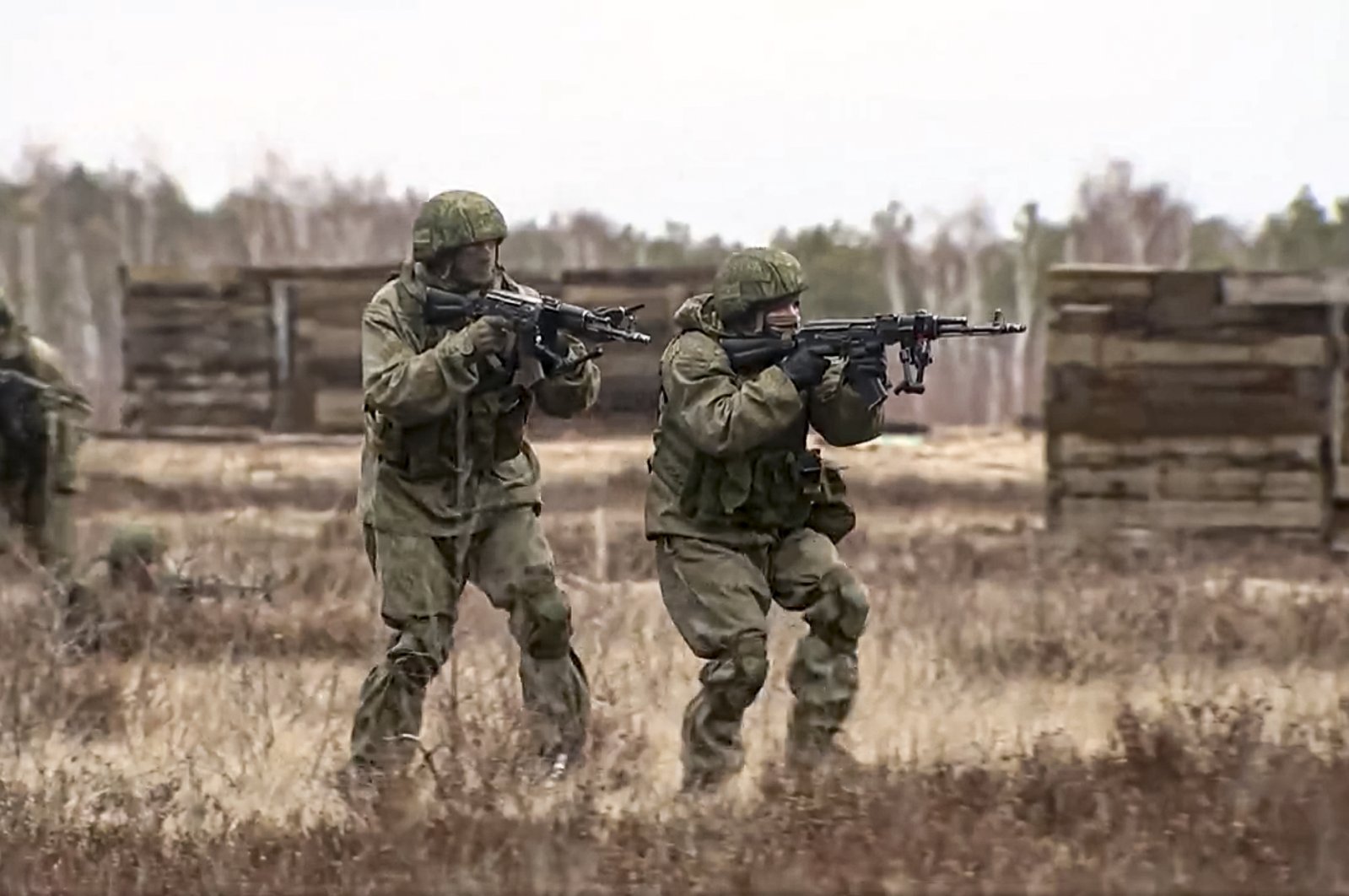 In this photo taken from video provided by the Russian Defense Ministry Press Service, Feb. 14, 2022, soldiers practice at the Obuz-Lesnovsky training ground during the Union Courage-2022 Russia-Belarus military drills in Belarus. (AP Photo)