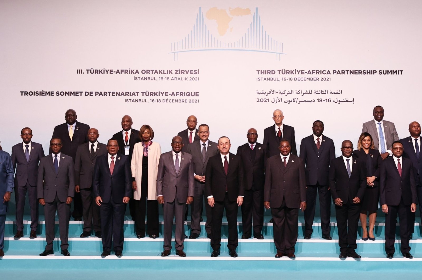 Foreign Minister Mevlüt Çavuşoğlu (C) and visiting foreign ministers are seen in a family photo before the opening of the third Turkey-Africa Partnership Summit&#039;s foreign ministers meeting in Istanbul, Turkey, Dec. 17, 2021. (AA Photo)
