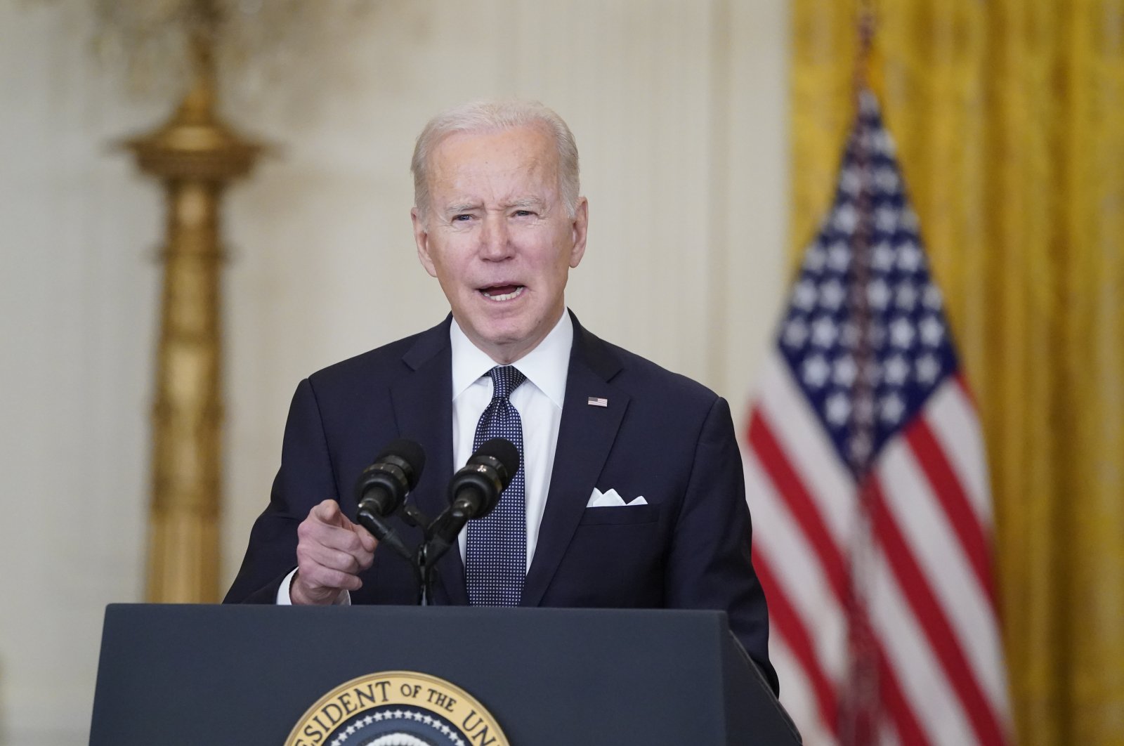 U.S. President Joe Biden speaks about Ukraine in the East Room of the White House, Washington D.C., U.S., Feb. 15, 2022. (AP Photo)