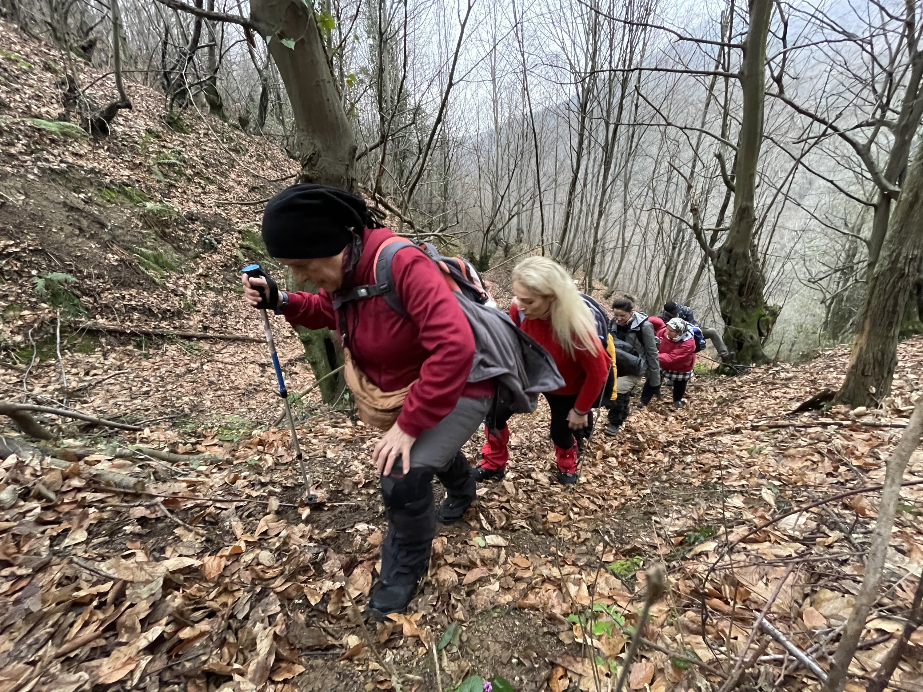 People trekking along the 16-kilometer Kurtköy-Güneyköy part of the 801-kilometer 'Sufi Trail' that stretches from Istanbul to Konya in central Turkey and takes 40 days to complete, Feb. 13, 2022. (AA Photo)