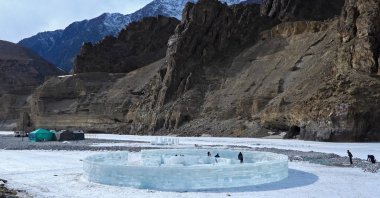 Kangsing, a group that performs ice and snow workshops, visits the "mini-colosseum" cafeteria in the village of Chilling, Ladakh, India, Feb. 7, 2022. (AFP Photo)