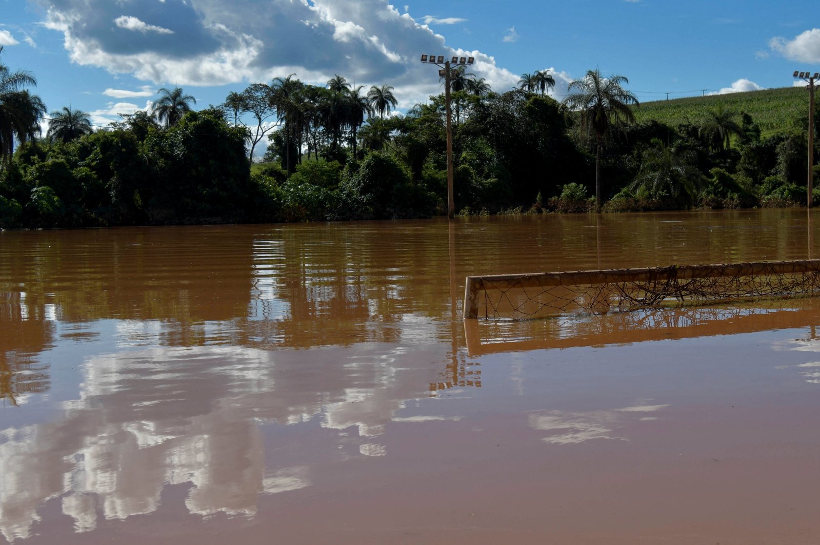 A goal post is seen at a flooded soccer field after rains in Mario Campos, in Minas Gerais state, Brazil, Jan. 12, 2022. (Reuters Photo)