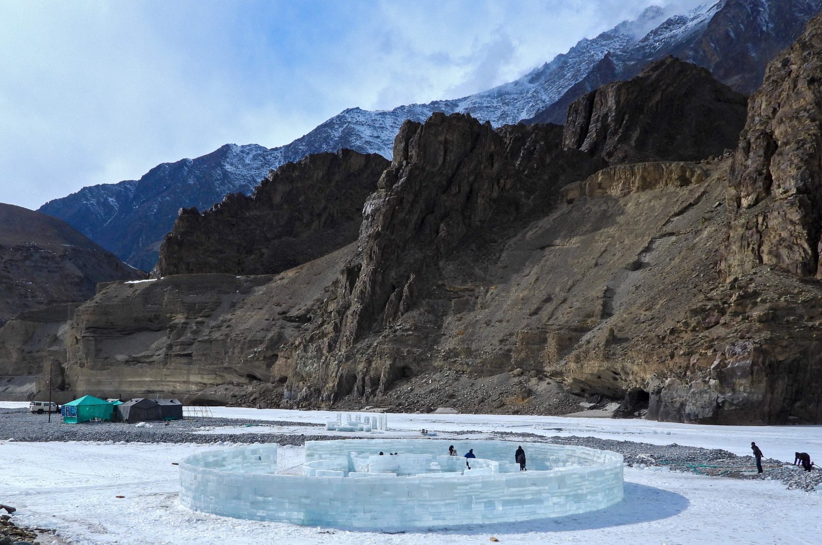 Kangsing, a group that performs ice and snow workshops, visits the &quot;mini-colosseum&quot; cafeteria in the village of Chilling, Ladakh, India, Feb. 7, 2022. (AFP Photo)