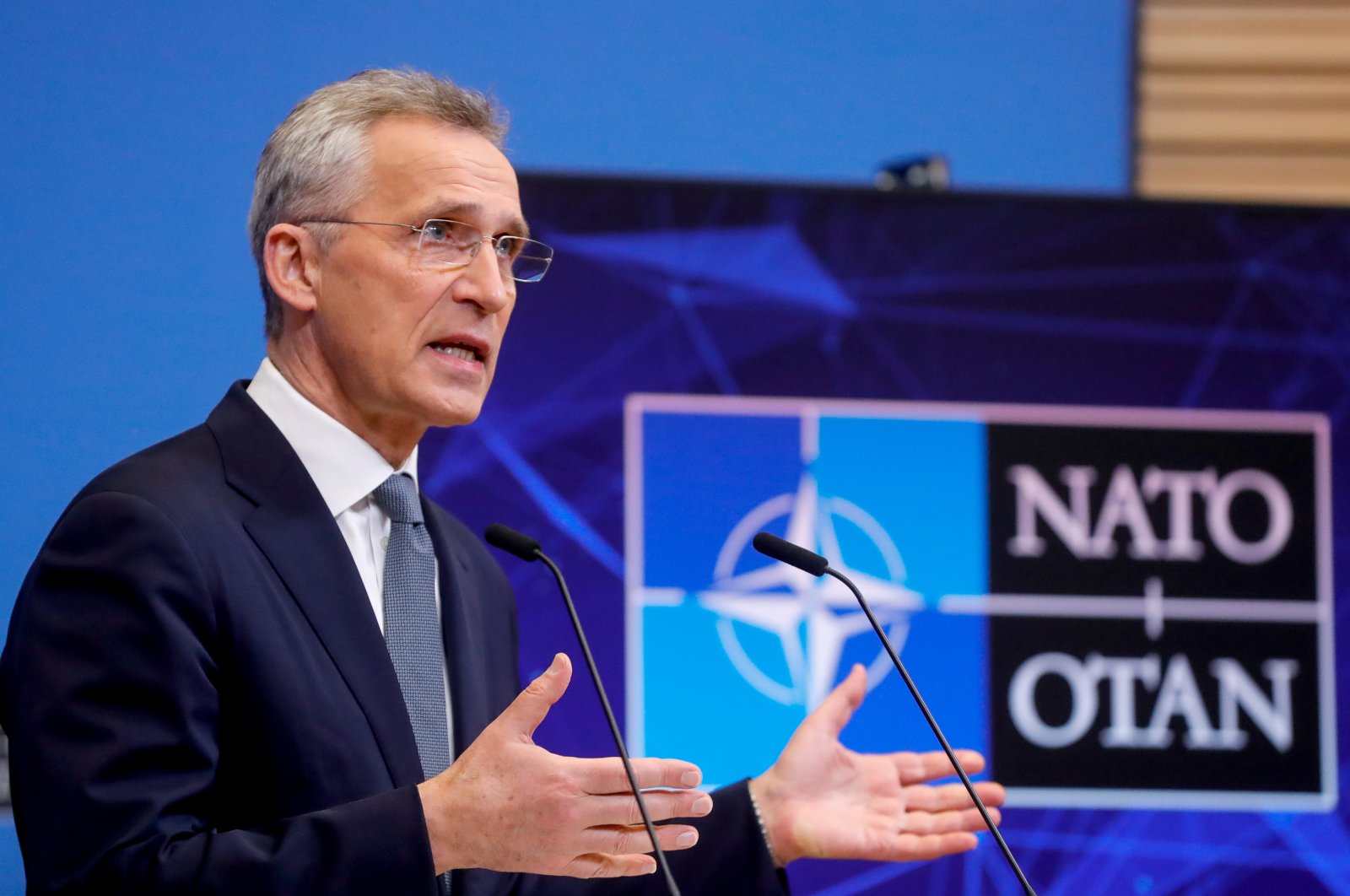 NATO Secretary-General Jens Stoltenberg speaks during a pre-ministerial press conference at the Alliance headquarters in Brussels, Belgium, Feb. 15, 2022. (EPA-EFE Photo)