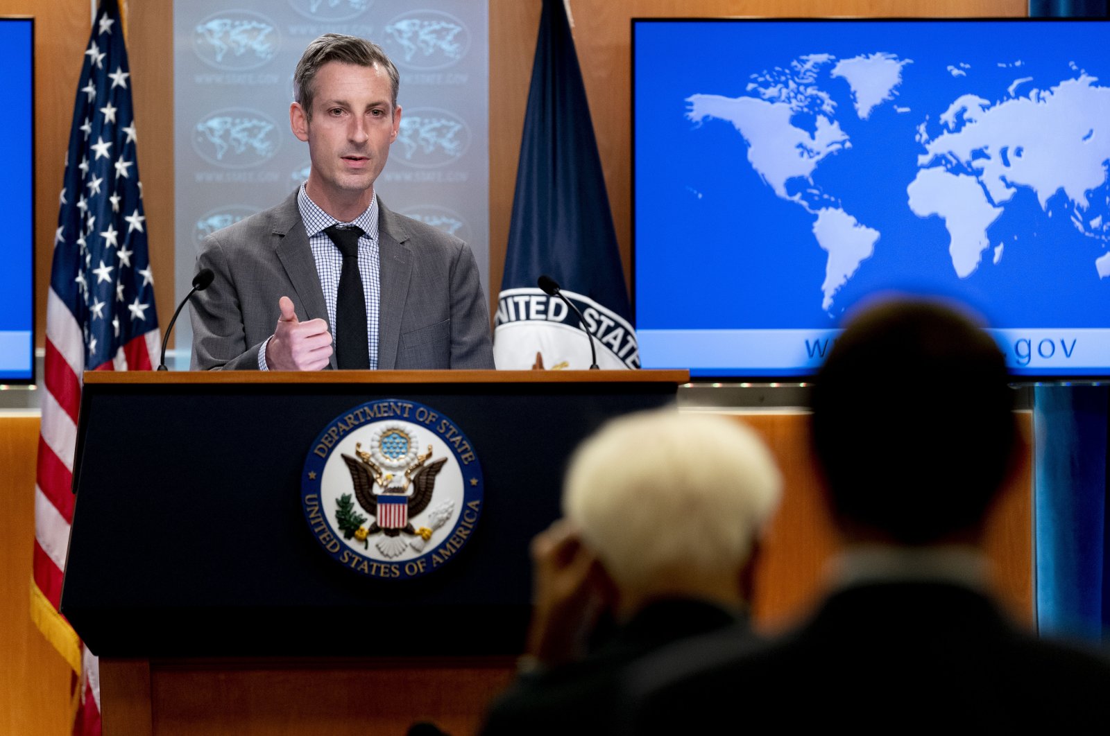 U.S. State Department spokesperson Ned Price takes a question from a reporter during a news conference at the State Department in Washington, D.C., U.S., Feb. 7, 2022. (AP Photo)