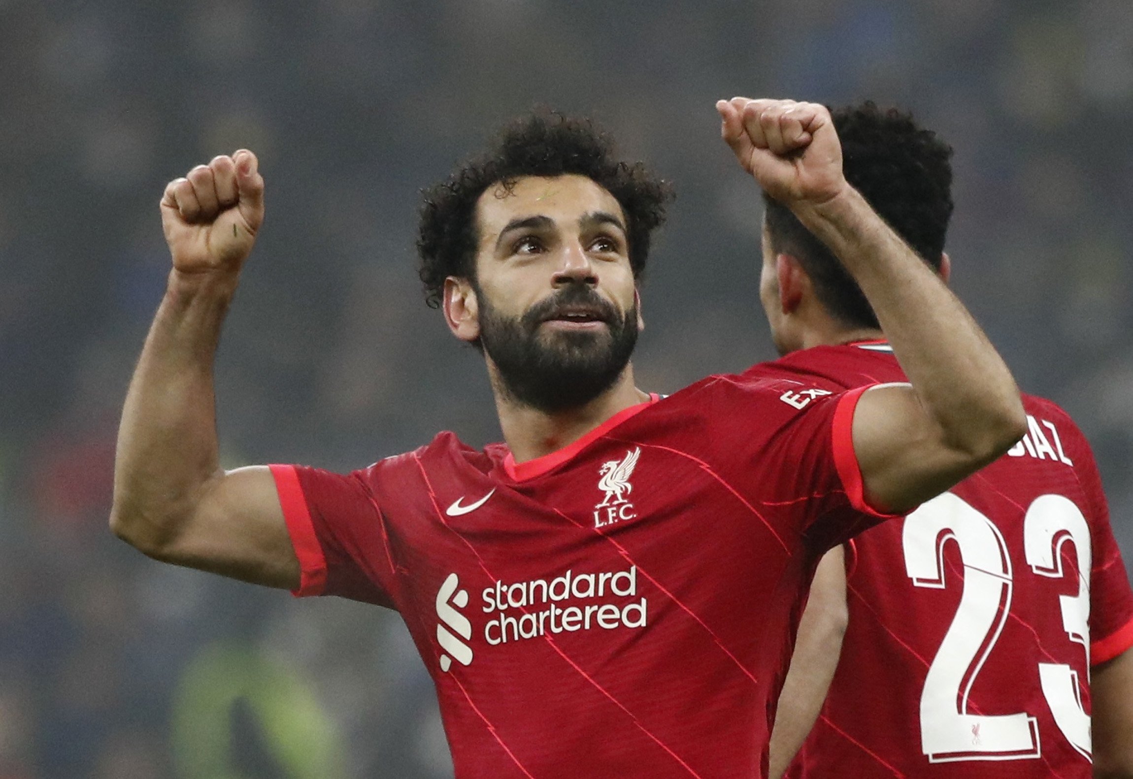 Liverpool's Mohamed Salah celebrates scoring a goal in a Champions League last-16 match against Inter Milan at the San Siro, Milan, Italy, Feb. 16, 2022. (Reuters Photo)