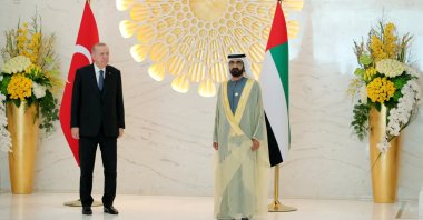 President Recep Tayyip Erdoğan (L) and ruler of Dubai and UAE Prime Minister Mohammed bin Rashid Al Maktoum during their meeting in Dubai, United Arab Emirates, Feb. 15, 2022. (EPA Photo)