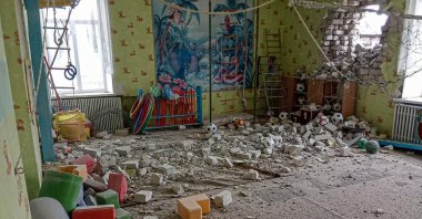 A view of a kindergarten building after alleged shelling by separatist forces in Stanytsia Luhanska, eastern Ukraine, Feb. 17, 2022. (Ukrainian Joint Forces Operation via AP Photo)